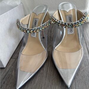 JIMMY CHOO Bing 100 Crystal embellished PVC & Metallic Leather Mules